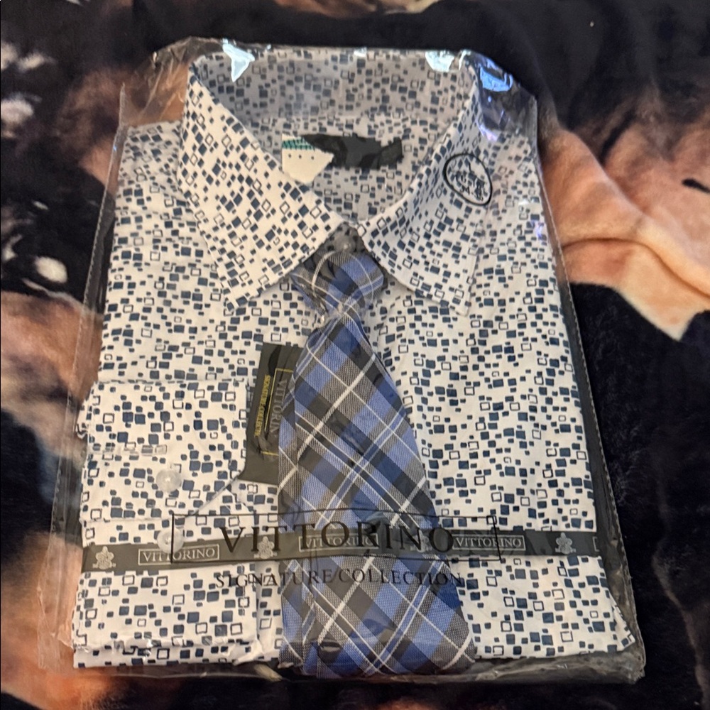 Vittorino signature Geometric Blue Dress Shirt w/tie-LG (16-16.5/34-35)-NIP